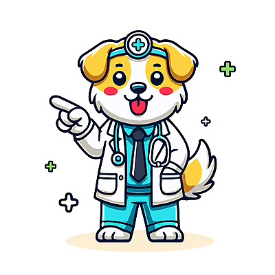 하늘색 일러스트 청진기 직업캐릭터 병원 웃음 사람없음 귀여움 진료 가리킴 의사가운 강아지 개캐릭터 수의사 일러캐릭터 AI파일 직업 캐릭터 동물캐릭터 컨셉 의학 의료기기 표정 손짓 파란색 반려동물 의사 가운 개 파일형식 벡터