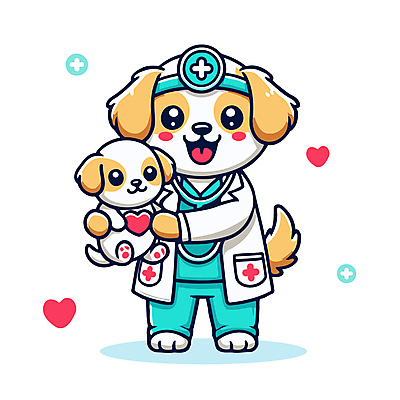 하늘색 일러스트 청진기 직업캐릭터 병원 웃음 사람없음 귀여움 진료 의사가운 강아지 개캐릭터 수의사 일러캐릭터 AI파일 직업 캐릭터 동물캐릭터 컨셉 의학 의료기기 표정 파란색 반려동물 의사 가운 개 파일형식 벡터