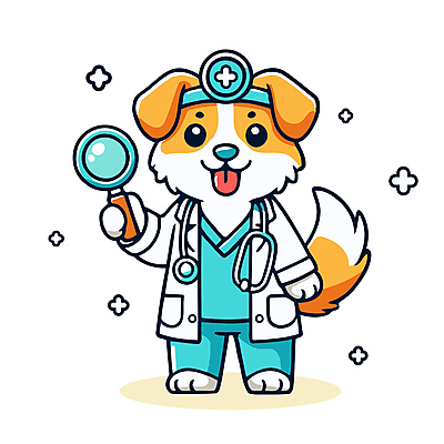 하늘색 일러스트 청진기 돋보기 직업캐릭터 병원 웃음 사람없음 귀여움 진료 의사가운 강아지 개캐릭터 수의사 일러캐릭터 AI파일 직업 캐릭터 동물캐릭터 컨셉 의학 의료기기 표정 파란색 반려동물 의사 가운 개 파일형식 벡터