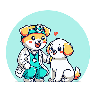 하늘색 일러스트 직업캐릭터 병원 웃음 사람없음 귀여움 진료 의사가운 강아지 개캐릭터 수의사 일러캐릭터 AI파일 직업 캐릭터 동물캐릭터 컨셉 의학 표정 파란색 반려동물 의사 가운 개 파일형식 벡터