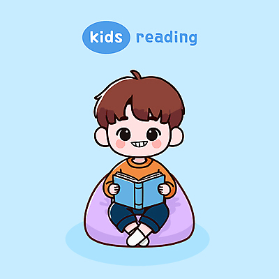 남자 어린이 하늘색 쿠션 일러스트 한명 미소 앉기 소년 책 독서 귀여움 읽기 소년한명만 국내일러스트 AI파일 1 컨셉 모션 표정 사람 파란색 남자한명만 소년만 파일형식 벡터