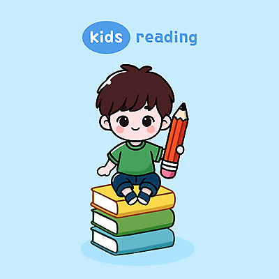 남자 어린이 하늘색 쿠션 일러스트 한명 미소 앉기 소년 책 독서 연필 귀여움 읽기 책더미 소년한명만 국내일러스트 AI파일 1 컨셉 모션 학용품 표정 사람 파란색 필기구 무더기 남자한명만 소년만 파일형식 벡터