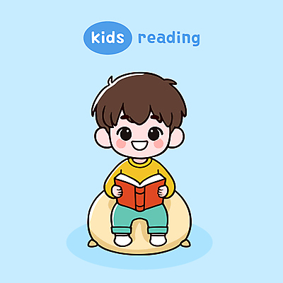 남자 어린이 하늘색 쿠션 일러스트 한명 미소 앉기 소년 책 독서 귀여움 읽기 소년한명만 국내일러스트 AI파일 1 컨셉 모션 표정 사람 파란색 남자한명만 소년만 파일형식 벡터