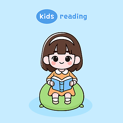 여자 어린이 하늘색 쿠션 일러스트 한명 미소 앉기 소녀 책 독서 귀여움 읽기 소녀한명만 국내일러스트 AI파일 1 컨셉 모션 표정 사람 파란색 여자한명만 소녀만 파일형식 벡터