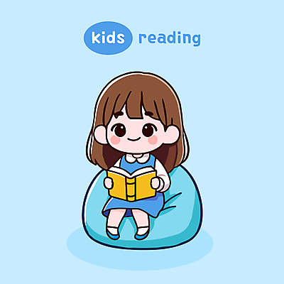 여자 어린이 하늘색 쿠션 일러스트 한명 미소 앉기 소녀 책 독서 귀여움 읽기 소녀한명만 국내일러스트 AI파일 1 컨셉 모션 표정 사람 파란색 여자한명만 소녀만 파일형식 벡터