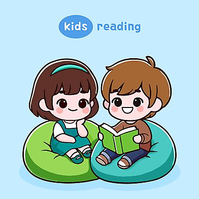 여자 남자 어린이 하늘색 쿠션 일러스트 웃음 앉기 소녀 소년 두명 책 친구 독서 귀여움 만화 읽기 어린이만 국내일러스트 AI파일 컨셉 관계 모션 표정 사람 파란색 파일형식 벡터
