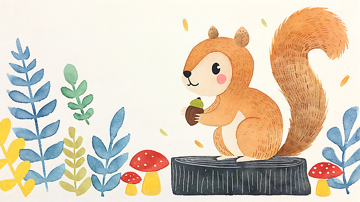 JPG 일러스트 자연 동화 사람없음 컬러풀 귀여움 버섯 가을 풀잎 다람쥐 도토리 나무밑둥 국내일러스트 AI일러스트 AI콘텐츠 나무 계절 컬러 컨셉 잎 견과류 풀_식물 설치류 생태계 파일형식