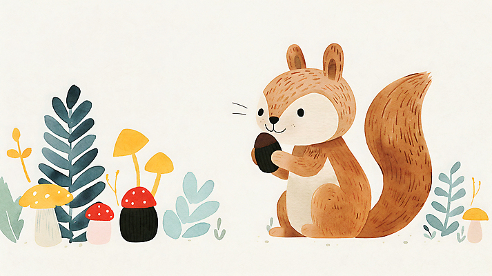 JPG 일러스트 자연 동화 사람없음 컬러풀 귀여움 버섯 가을 풀잎 다람쥐 도토리 국내일러스트 AI일러스트 AI콘텐츠 계절 컬러 컨셉 잎 견과류 풀_식물 설치류 생태계 파일형식