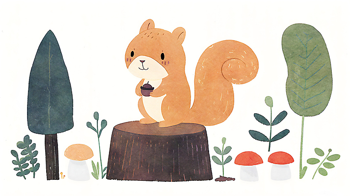 JPG 나무 일러스트 자연 동화 사람없음 컬러풀 귀여움 버섯 가을 풀잎 다람쥐 도토리 나무밑둥 국내일러스트 AI일러스트 AI콘텐츠 식물 계절 컬러 컨셉 잎 견과류 풀_식물 설치류 생태계 파일형식