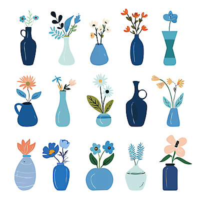 화초 일러스트 사람없음 파란색 세트 꽃병 다양 우아함 국내일러스트 AI파일 식물 꽃 컬러 다수 컨셉 파일형식 벡터