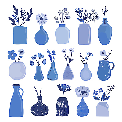 화초 일러스트 사람없음 파란색 세트 꽃병 다양 우아함 국내일러스트 AI파일 식물 꽃 컬러 다수 컨셉 파일형식 벡터