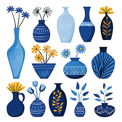 화초 일러스트 사람없음 파란색 세트 꽃병 다양 우아함 국내일러스트 AI파일 식물 꽃 컬러 다수 컨셉 파일형식 벡터