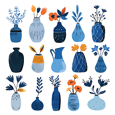 화초 일러스트 사람없음 파란색 세트 꽃병 다양 우아함 국내일러스트 AI파일 식물 꽃 컬러 다수 컨셉 파일형식 벡터