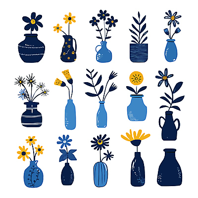 화초 일러스트 사람없음 파란색 세트 꽃병 다양 우아함 국내일러스트 AI파일 식물 꽃 컬러 다수 컨셉 파일형식 벡터