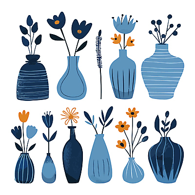 화초 일러스트 사람없음 파란색 세트 꽃병 다양 우아함 국내일러스트 AI파일 식물 꽃 컬러 다수 컨셉 파일형식 벡터