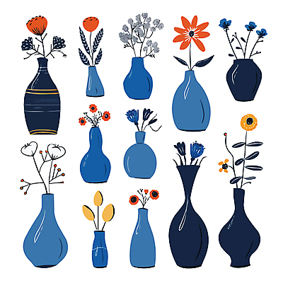 화초 일러스트 사람없음 파란색 세트 꽃병 다양 우아함 국내일러스트 AI파일 식물 꽃 컬러 다수 컨셉 파일형식 벡터
