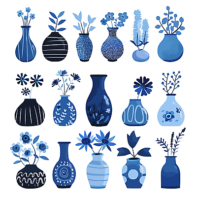 화초 일러스트 사람없음 파란색 세트 꽃병 다양 우아함 국내일러스트 AI파일 식물 꽃 컬러 다수 컨셉 파일형식 벡터