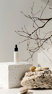 JPG 편집이미지 디자인 사람없음 뷰티 화장품 돌_바위 흰색 나뭇가지 병 오브젝트 포디움 목업 편집실사 AI포토 AI콘텐츠 나무 식기 컬러 무대 CG 파일형식