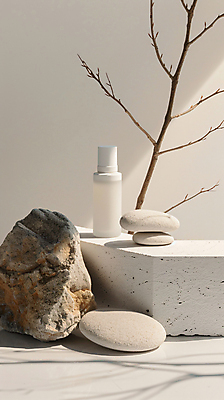 JPG 편집이미지 디자인 사람없음 뷰티 화장품 돌_바위 흰색 나뭇가지 병 오브젝트 포디움 목업 편집실사 AI포토 AI콘텐츠 나무 식기 컬러 무대 CG 파일형식