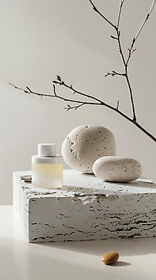 JPG 편집이미지 디자인 사람없음 뷰티 화장품 돌_바위 흰색 나뭇가지 병 오브젝트 포디움 목업 편집실사 AI포토 AI콘텐츠 나무 식기 컬러 무대 CG 파일형식