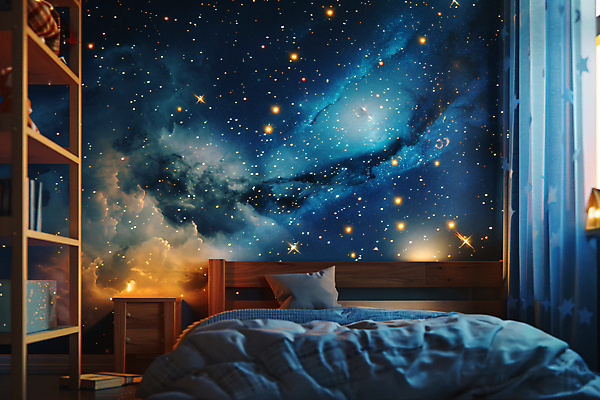 JPG 편집이미지 밤하늘 선반 사람없음 책 파란색 반짝임 우주 침실 이불 침대 잠 커튼 신비 서랍장 공상 창의력 몽환 편집실사 AI포토 AI콘텐츠 컬러 가구 컨셉 침구 모션 하늘 야간 CG 파일형식