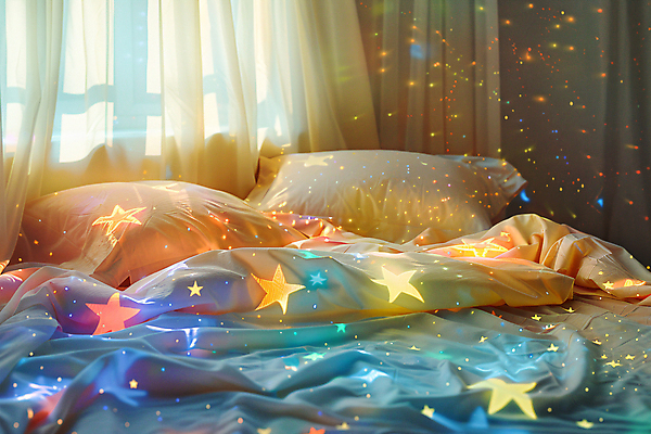 JPG 편집이미지 창문 밤하늘 사람없음 반짝임 컬러풀 우주 침실 이불 침대 잠 커튼 화려 신비 공상 창의력 몽환 편집실사 AI포토 AI콘텐츠 컬러 가구 컨셉 침구 모션 하늘 야간 CG 파일형식