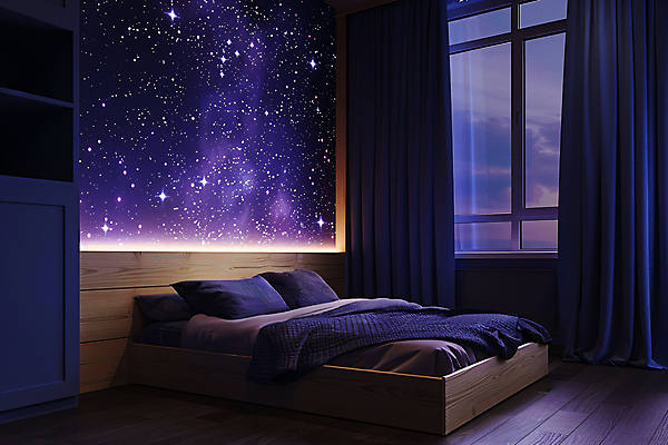 JPG 편집이미지 창문 밤하늘 선반 사람없음 반짝임 우주 보라색 침실 이불 침대 잠 커튼 신비 공상 창의력 몽환 편집실사 AI포토 AI콘텐츠 컬러 가구 컨셉 침구 모션 하늘 야간 CG 파일형식