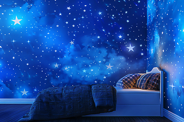 JPG 편집이미지 밤하늘 사람없음 파란색 반짝임 우주 침실 이불 침대 잠 신비 공상 창의력 몽환 편집실사 AI포토 AI콘텐츠 컬러 가구 컨셉 침구 모션 하늘 야간 CG 파일형식