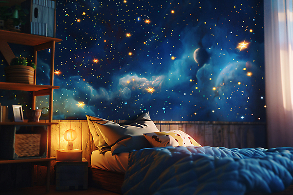 JPG 편집이미지 밤하늘 선반 사람없음 파란색 반짝임 우주 침실 이불 침대 잠 신비 공상 창의력 몽환 무드등 편집실사 AI포토 AI콘텐츠 컬러 가구 컨셉 침구 모션 하늘 조명 야간 CG 파일형식