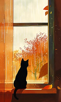 PSD 나무 낙엽 일러스트 창문 풍경 사람없음 가을풍경 주황색 고양이 커튼 비 감성 국내일러스트 자연요소 식물 컬러 컨셉 잎 포유류 날씨 반려동물 파일형식 가을_계절