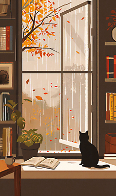 PSD 나무 화분 낙엽 일러스트 창문 책장 풍경 사람없음 책 갈색 가을풍경 고양이 비 커피잔 컵받침 책상 감성 국내일러스트 자연요소 식물 커피 컬러 가구 컨셉 잎 포유류 날씨 잔 반려동물 받침대 파일형식 가을_계절