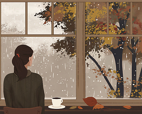 PSD 나무 여자 커피 낙엽 의자 일러스트 창문 탁자 한명 풍경 성인 갈색 가을풍경 비 커피잔 컵받침 감성 성인여자한명만 국내일러스트 자연요소 식물 1 음료 컬러 가구 컨셉 잎 날씨 잔 사람 받침대 여자한명만 성인여자만 파일형식 가을_계절