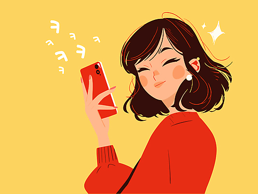 여자 일러스트 한명 웃음 들기 상반신 성인 라이프 빨간색 반짝임 스마트폰 노란색 즐거움 키읔 성인여자한명만 국내일러스트 AI파일 1 감정 컬러 모션 표정 사람 생활 핸드폰 스마트기기 자음 여자한명만 성인여자만 파일형식 벡터