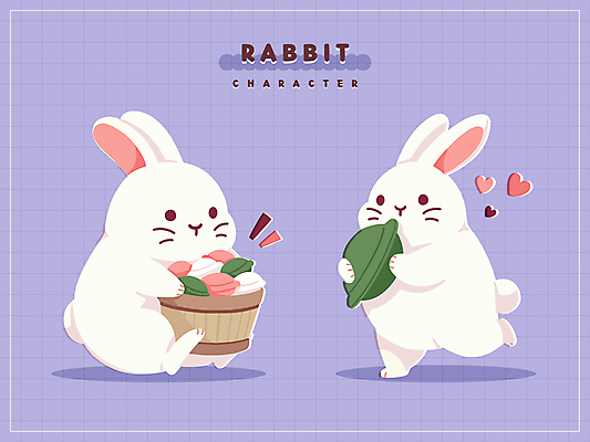 캐릭터 스티커 일러스트 그림자 들기 앉기 사람없음 설날 바구니 걷기 추석 귀여움 보라색 하트 토끼 토끼캐릭터 송편 정월대보름 일러캐릭터 AI파일 모양 명절 컬러 동물캐릭터 컨셉 포유류 모션 떡 반려동물 파일형식 벡터