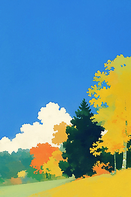 JPG 나무 구름 일러스트 자연 하늘 수채화 풍경 초원 사람없음 가을 국내일러스트 AI일러스트 AI콘텐츠 자연요소 식물 계절 생태계 파일형식