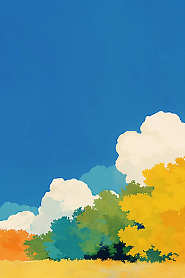 JPG 나무 구름 일러스트 자연 하늘 수채화 풍경 초원 사람없음 가을 국내일러스트 AI일러스트 AI콘텐츠 자연요소 식물 계절 생태계 파일형식