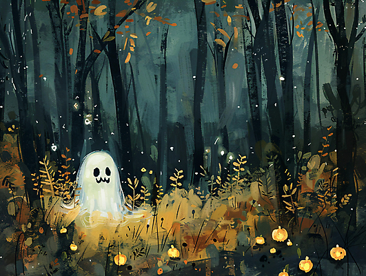 JPG 나무 일러스트 붓터치 사람없음 할로윈 가을 유령 야간 숲 잭오랜턴 오싹 국내일러스트 AI일러스트 AI콘텐츠 자연요소 식물 계절 파일형식
