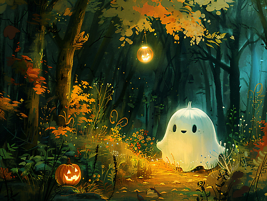 JPG 나무 일러스트 조명 사람없음 빛 할로윈 가을 유령 야간 숲 잭오랜턴 오싹 국내일러스트 AI일러스트 AI콘텐츠 자연요소 식물 계절 파일형식