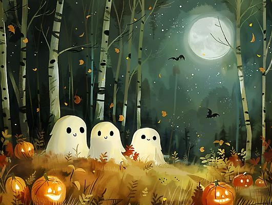JPG 일러스트 하늘 사람없음 빛 할로윈 보름달 가을 유령 야간 숲 박쥐 자작나무 잭오랜턴 오싹 국내일러스트 AI일러스트 AI콘텐츠 자연요소 나무 계절 포유류 달 파일형식