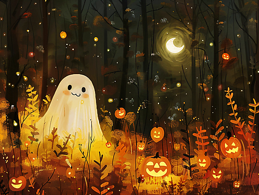 JPG 나무 일러스트 사람없음 할로윈 가을 유령 야간 숲 초승달 잭오랜턴 오싹 국내일러스트 AI일러스트 AI콘텐츠 자연요소 식물 계절 달 파일형식