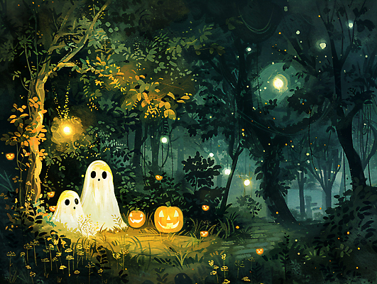 JPG 나무 일러스트 조명 사람없음 빛 할로윈 가을 유령 야간 숲 반딧불이 잭오랜턴 오싹 국내일러스트 AI일러스트 AI콘텐츠 자연요소 식물 계절 곤충 파일형식