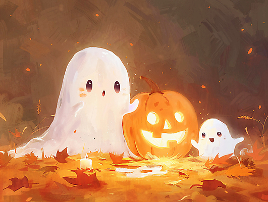 JPG 단풍 낙엽 일러스트 사람없음 빛 할로윈 가을 유령 야간 잭오랜턴 오싹 국내일러스트 AI일러스트 AI콘텐츠 자연요소 계절 잎 파일형식