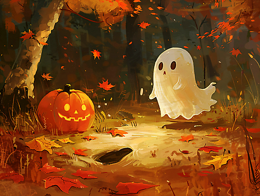 JPG 나무 단풍 낙엽 일러스트 사람없음 빛 할로윈 가을 유령 야간 숲 잭오랜턴 오싹 국내일러스트 AI일러스트 AI콘텐츠 자연요소 식물 계절 잎 파일형식