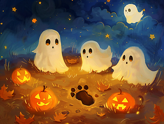JPG 구름 별 단풍 낙엽 일러스트 밤하늘 사람없음 빛 할로윈 가을 유령 야간 발자국 잭오랜턴 오싹 국내일러스트 AI일러스트 AI콘텐츠 자연요소 계절 잎 자국 하늘 파일형식