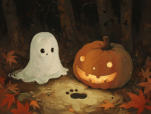 JPG 단풍 낙엽 일러스트 사람없음 어둠 할로윈 가을 유령 야간 숲 발자국 잭오랜턴 오싹 국내일러스트 AI일러스트 AI콘텐츠 자연요소 계절 잎 자국 파일형식