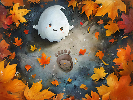 JPG 나무 단풍 낙엽 일러스트 그림자 사람없음 할로윈 가을 유령 야간 숲 발자국 오싹 국내일러스트 AI일러스트 AI콘텐츠 자연요소 식물 계절 잎 자국 파일형식