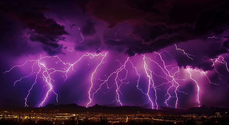 JPG 구름 편집이미지 하늘 사람없음 보라색 어둠 도시 번개 편집실사 AI컴퓨터그래픽 AI콘텐츠 자연요소 컬러 날씨 CG 파일형식