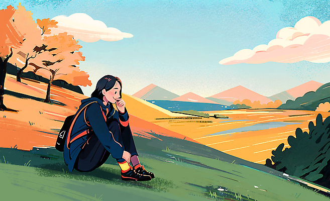 전신 PSD 여자 여행 단풍 일러스트 하늘 단풍나무 산 아웃도어 한명 앉기 풍경 초원 성인 가을풍경 등산 하이킹 가을 등산객 성인여자한명만 국내일러스트 나무 1 계절 잎 모션 레저 사람 트래킹 여자한명만 성인여자만 파일형식 가을_계절