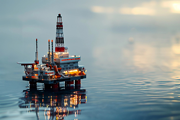 JPG 편집이미지 산업 바다 사람없음 빛 반사 노을 미니어처 석유 석유시추 시추선 선박 편집실사 AI포토 AI콘텐츠 자연요소 수상교통 모형 CG 파일형식