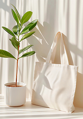 JPG 식물 편집이미지 화분 그림자 사람없음 햇빛 친환경 에코백 제로웨이스트 편집실사 AI포토 AI콘텐츠 가방 태양 환경 그린캠페인 사회이슈 CG 에코 파일형식